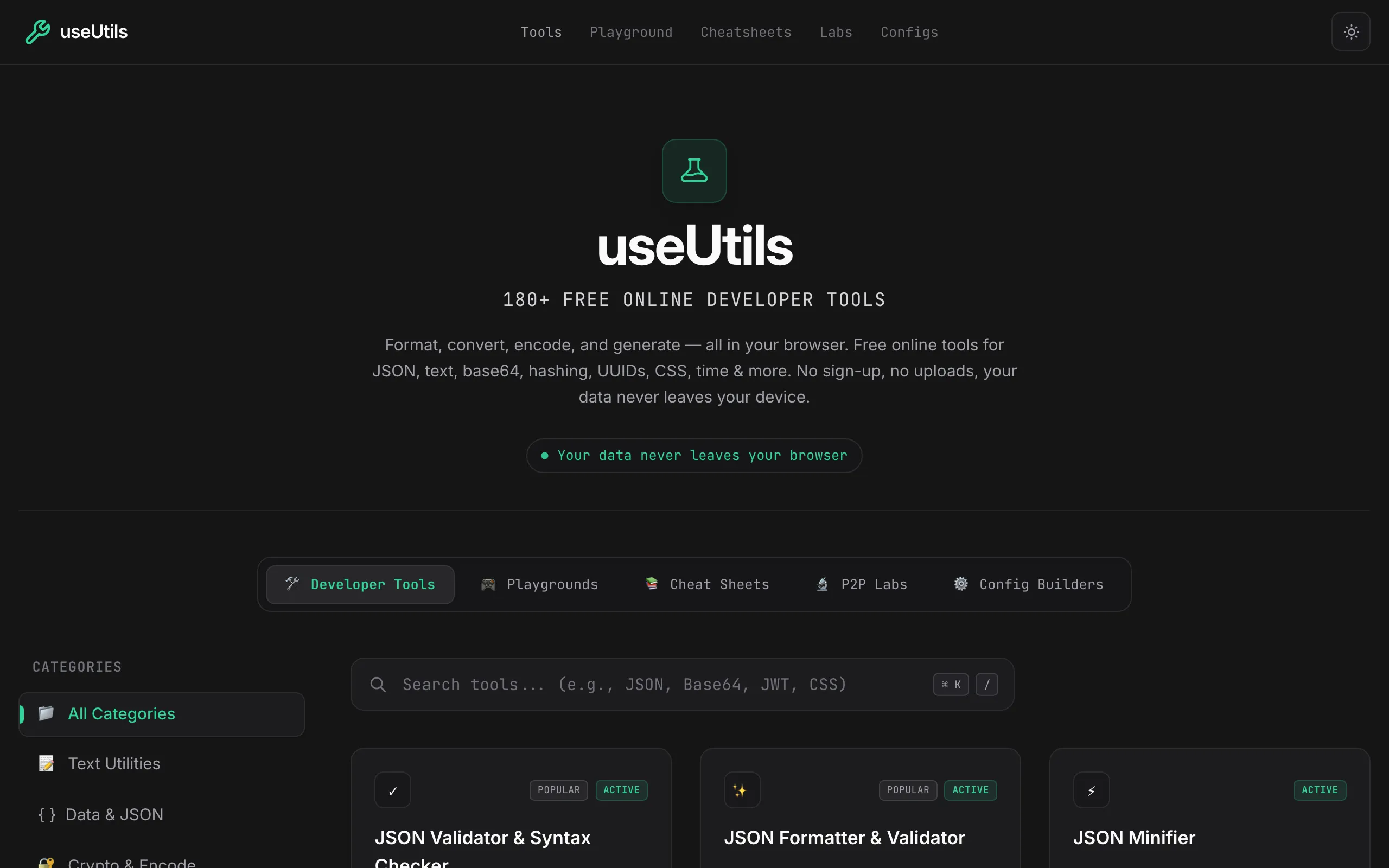 Screenshot of useUtils - Free Online Developer Tools: JSON, Base64, Case &amp; More