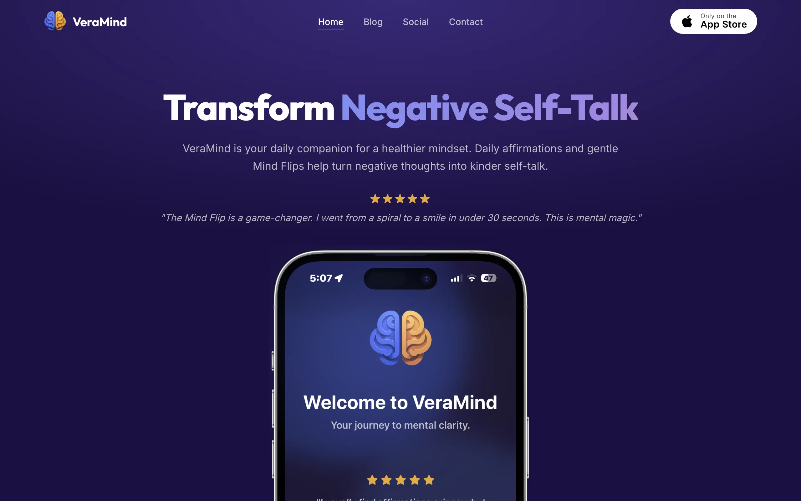 Screenshot of VeraMind: Daily Affirmations · Transform Negative Self-Talk