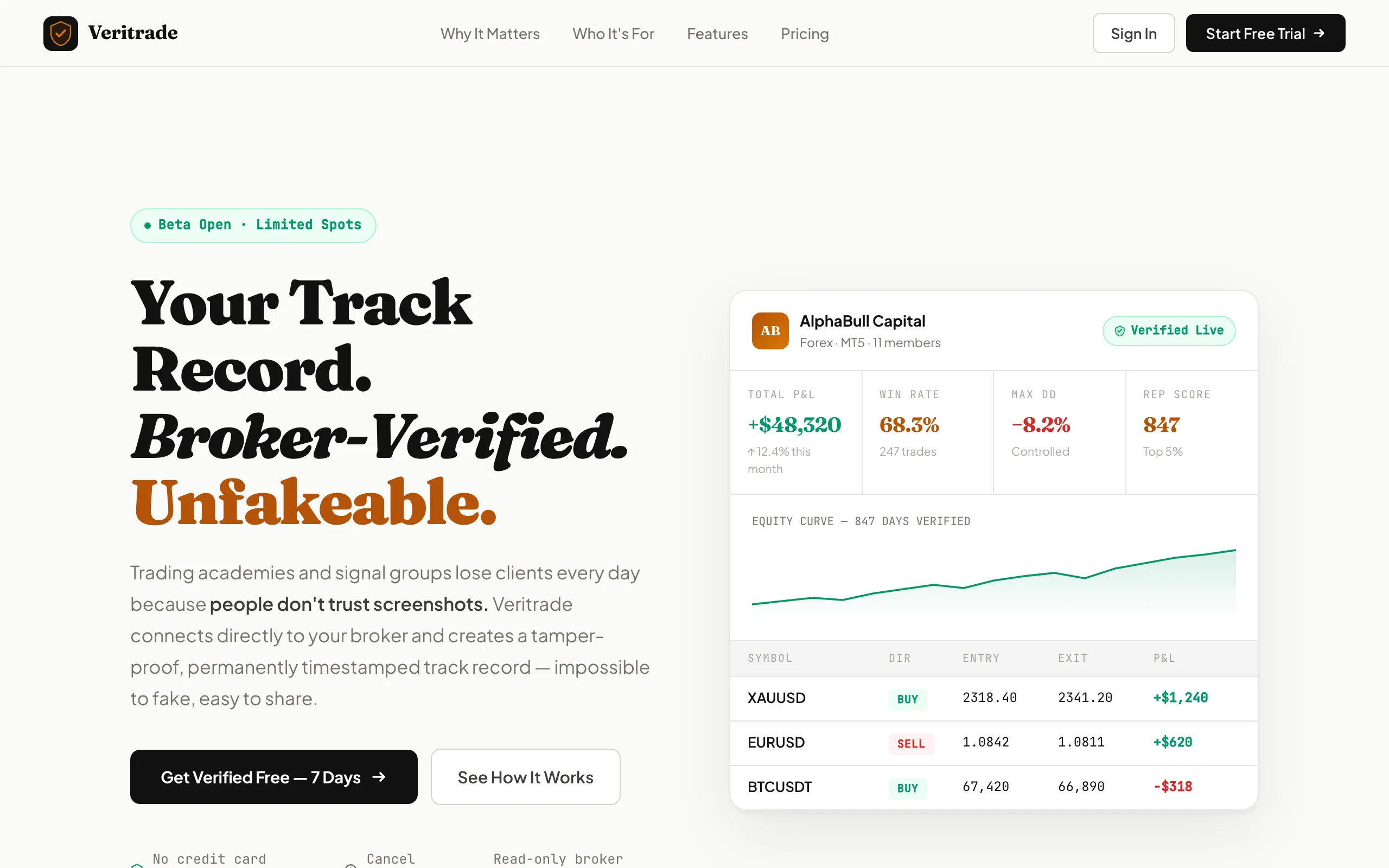 Screenshot of Veritrade — Your Track Record. Broker-Verified. Unfakeable.