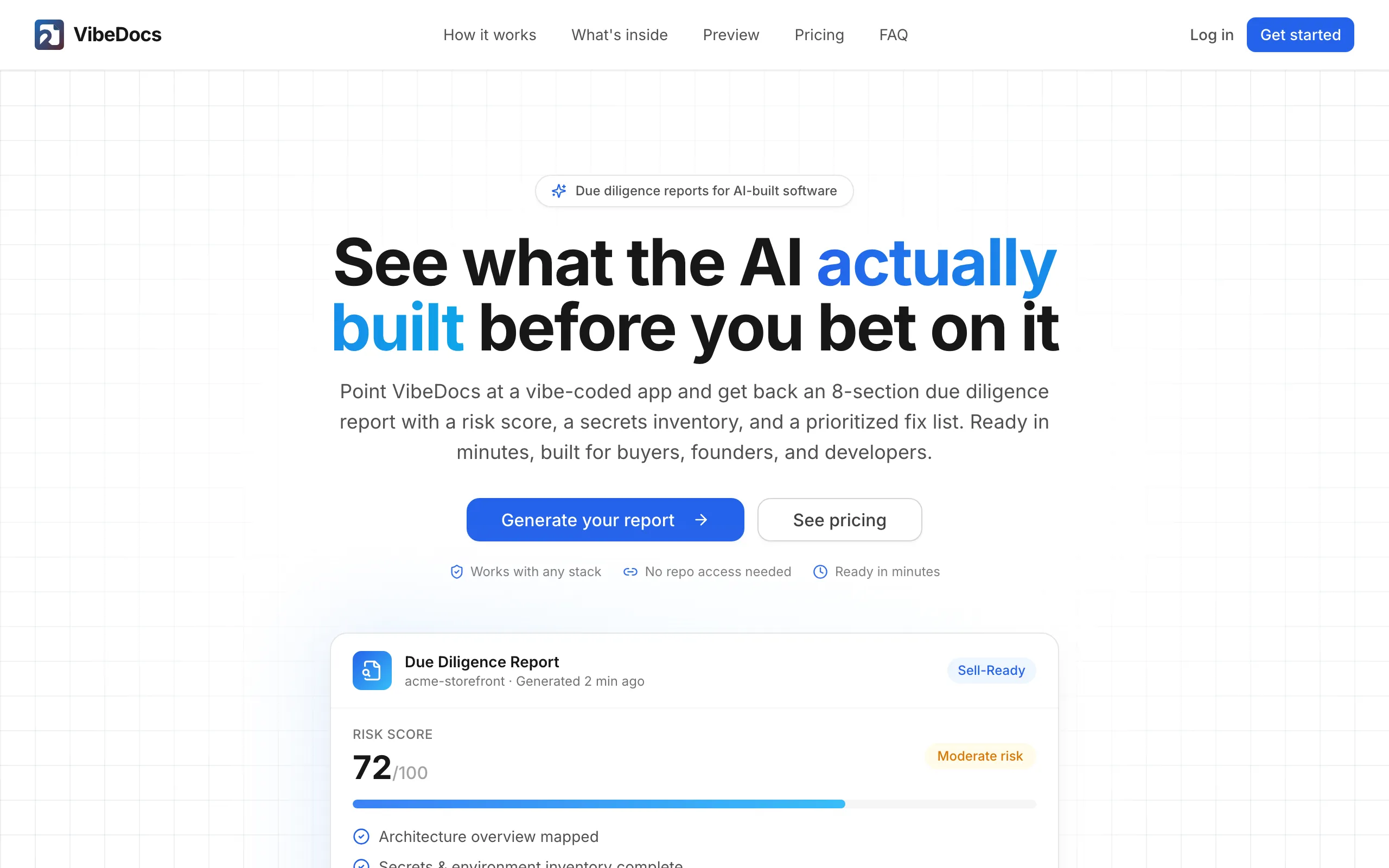 Screenshot of VibeDocs | Due Diligence &amp; Handover Reports for AI-Generated Software