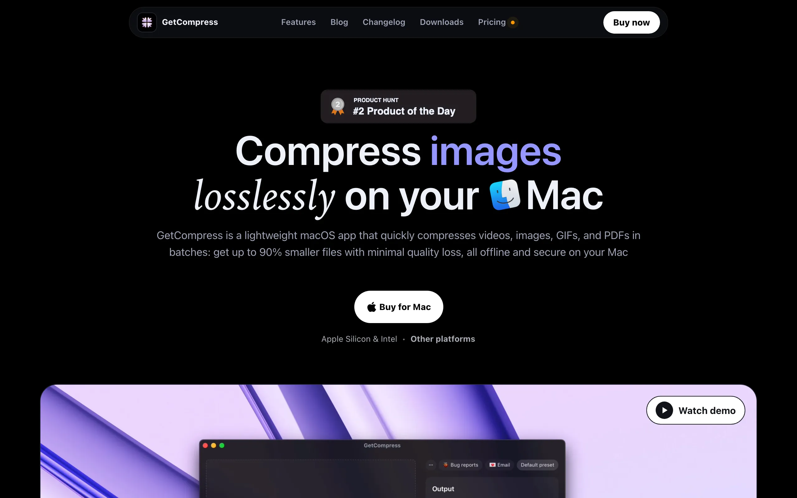 Screenshot of Video, Images, PDF &amp; GIF compressed locally · GetCompress