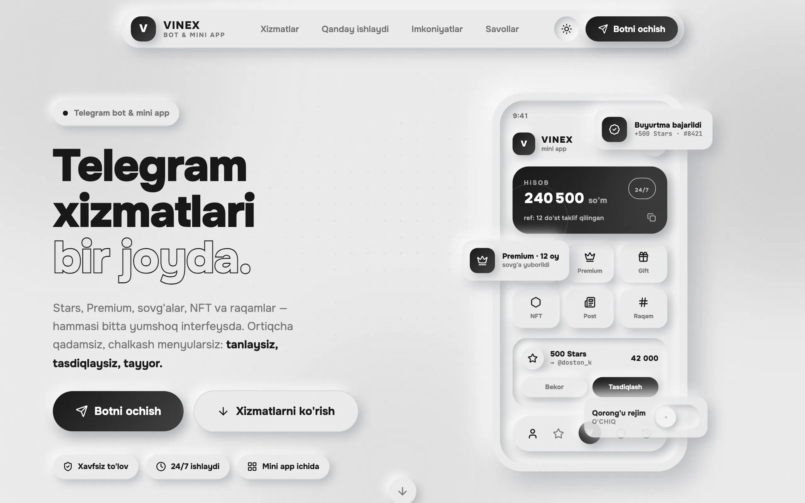 Screenshot of VINEX — Telegram xizmatlari bir joyda