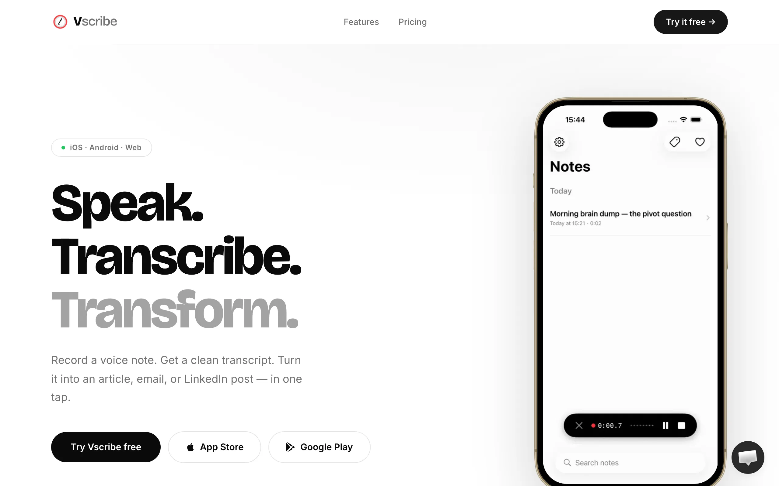 Screenshot of Vscribe — Voice notes that write themselves