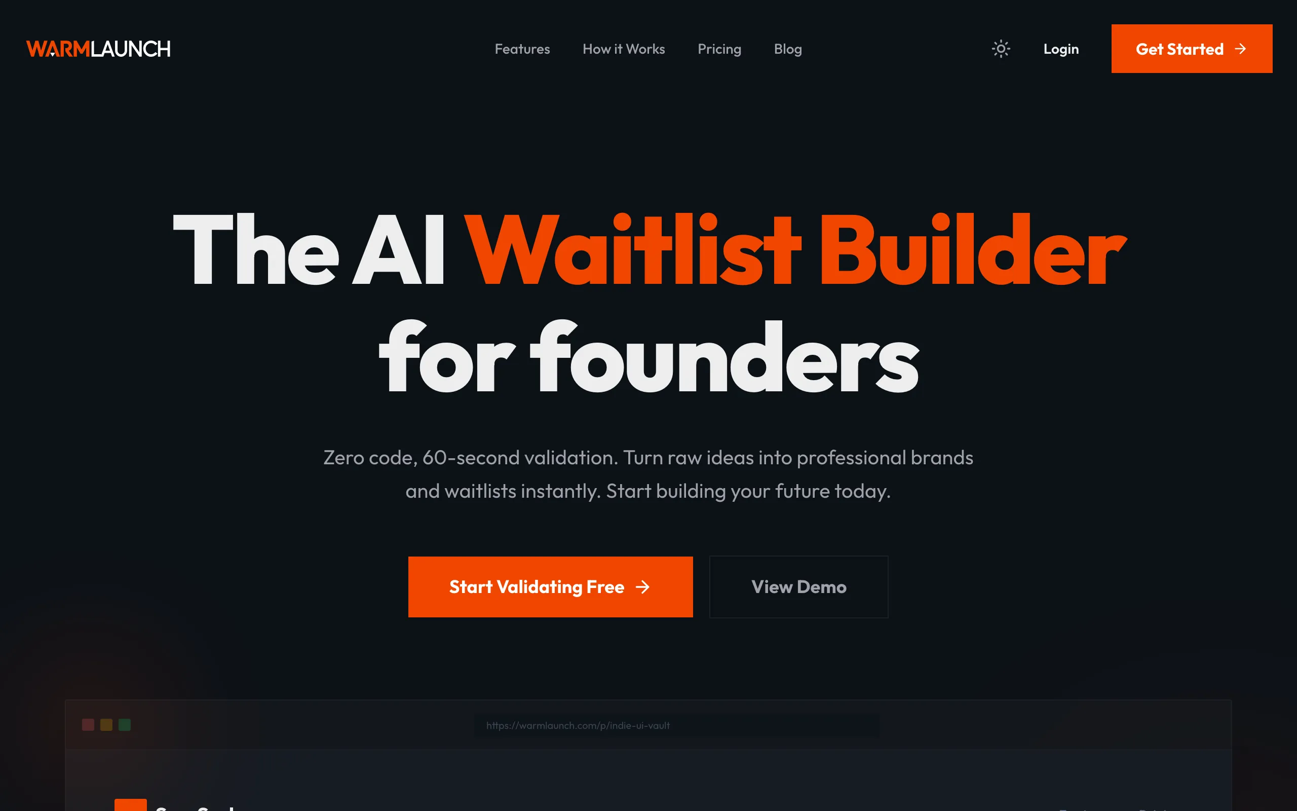 Screenshot of WarmLaunch - Build &amp; Validate Startup Ideas with AI