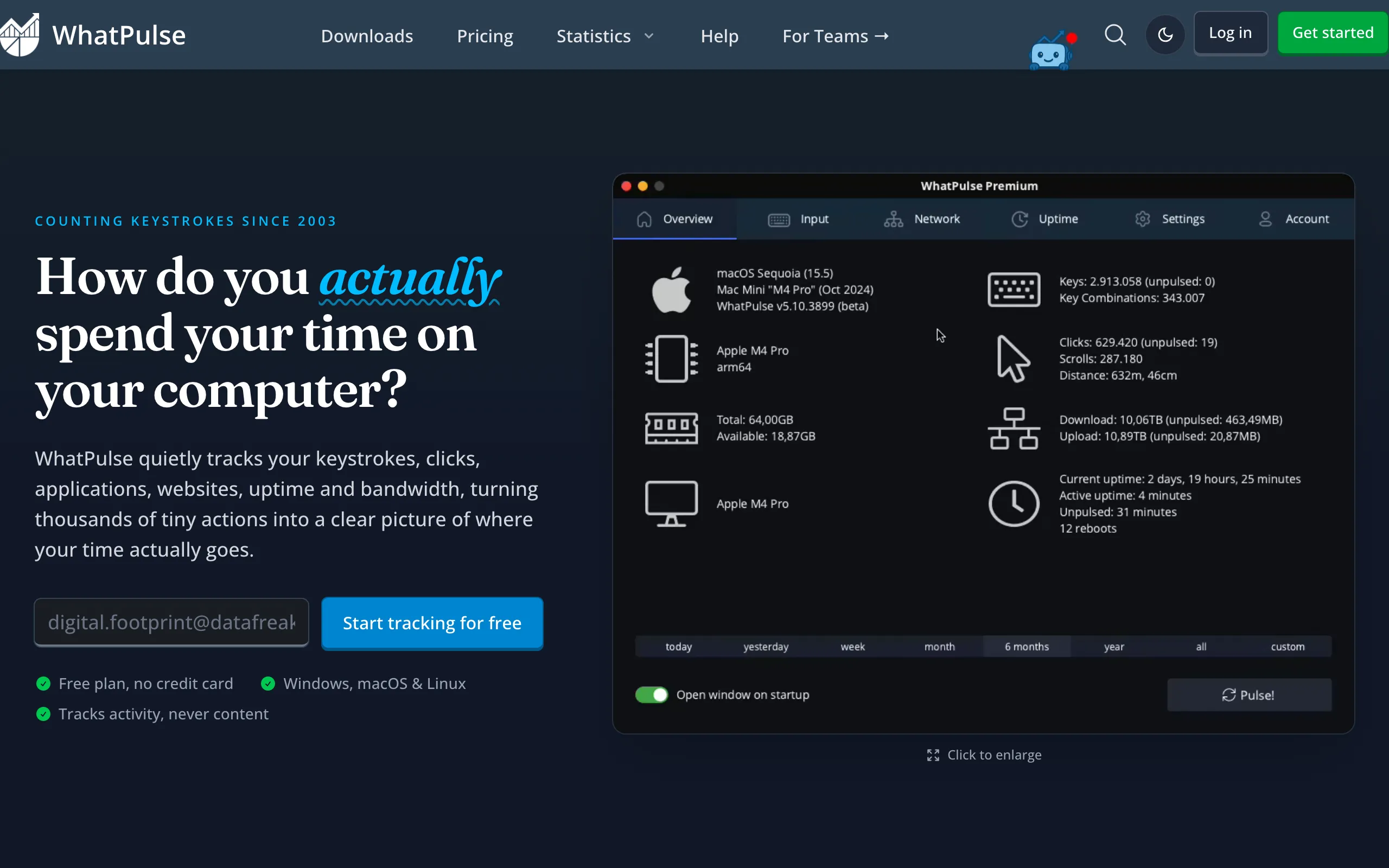 Screenshot of WhatPulse - How do you actually spend your time on your computer? | WhatPulse: Track and analyze your productivity