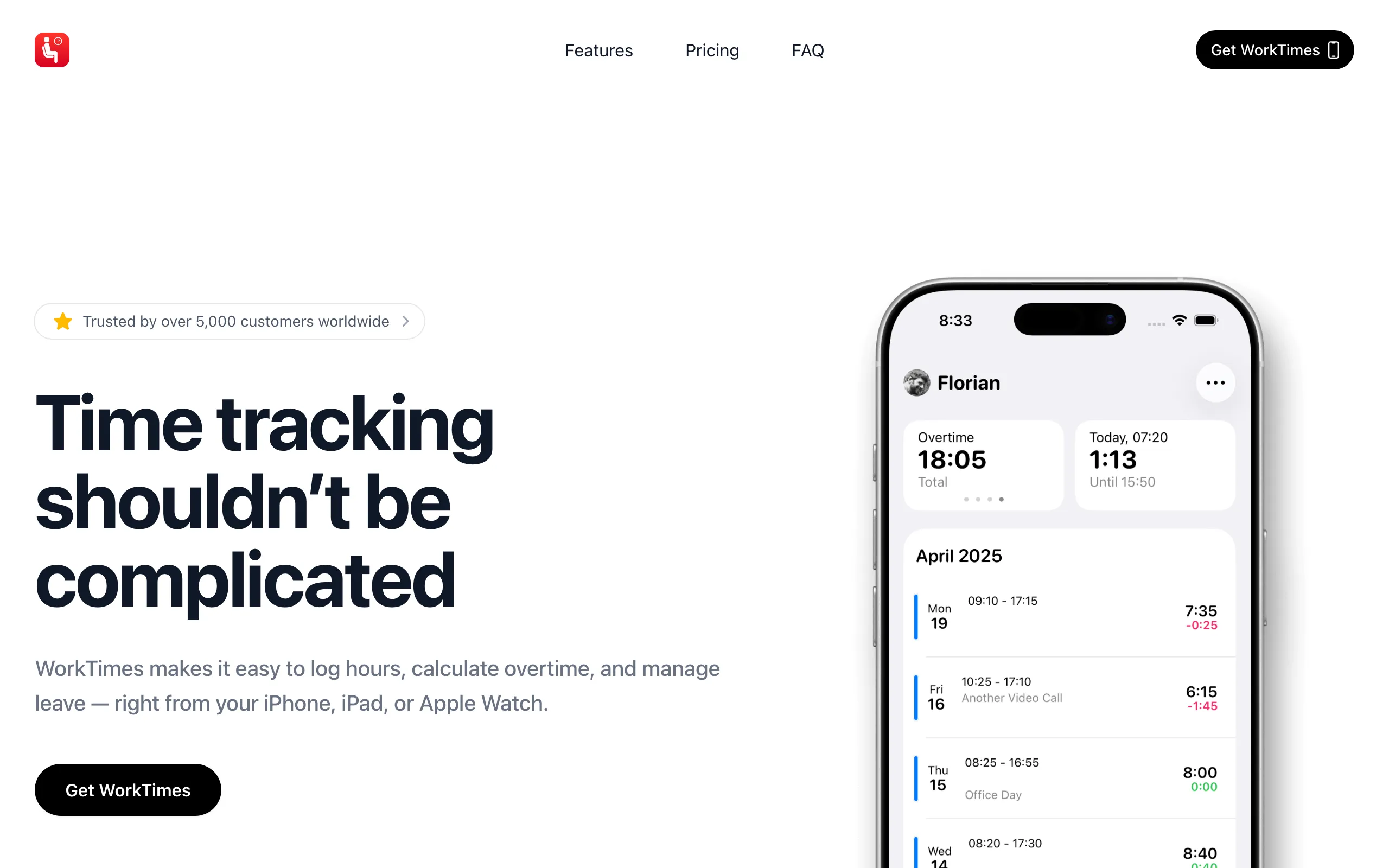 Screenshot of WorkTimes – Easy Time &amp; Overtime Tracker for iPhone, iPad &amp; Apple Watch