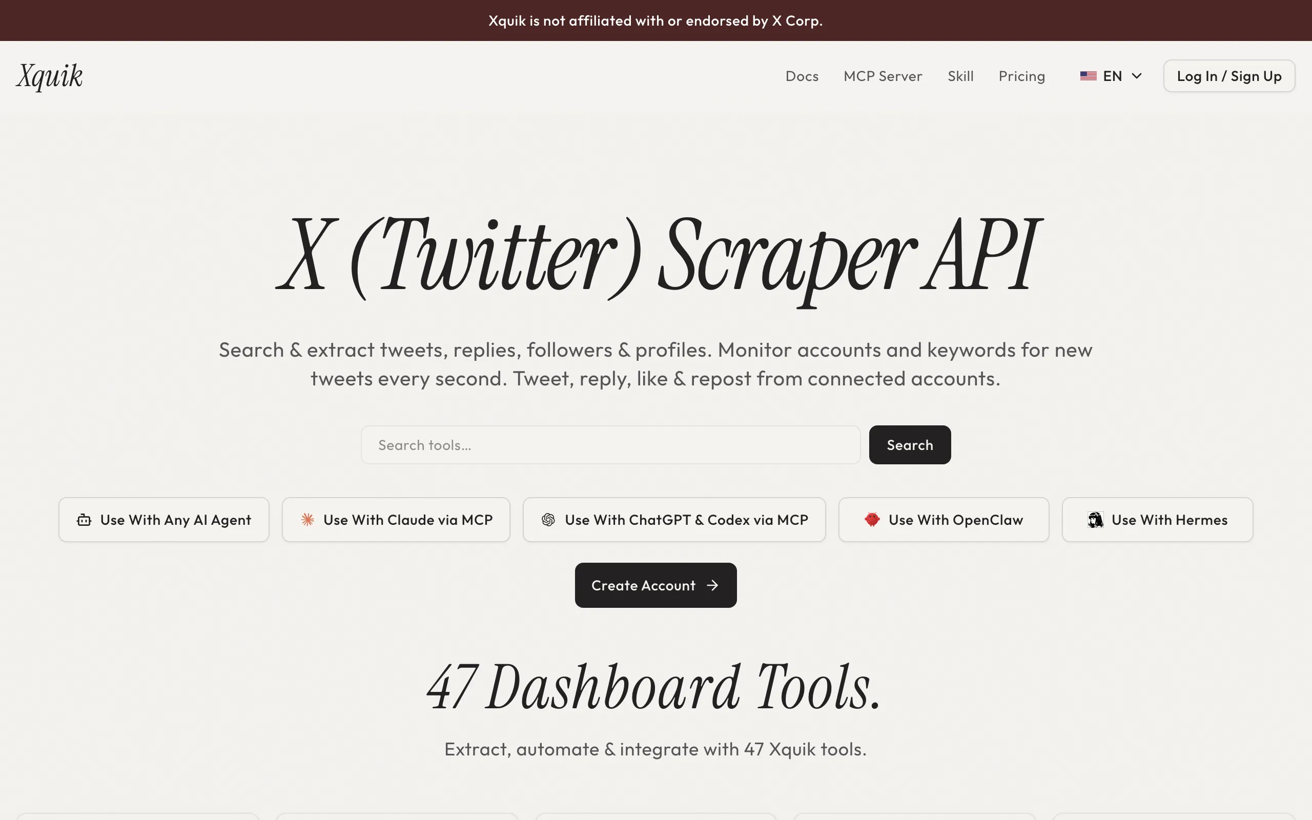 Screenshot of Xquik: X (Twitter) Scraper API, MCP &amp; Automation Tools