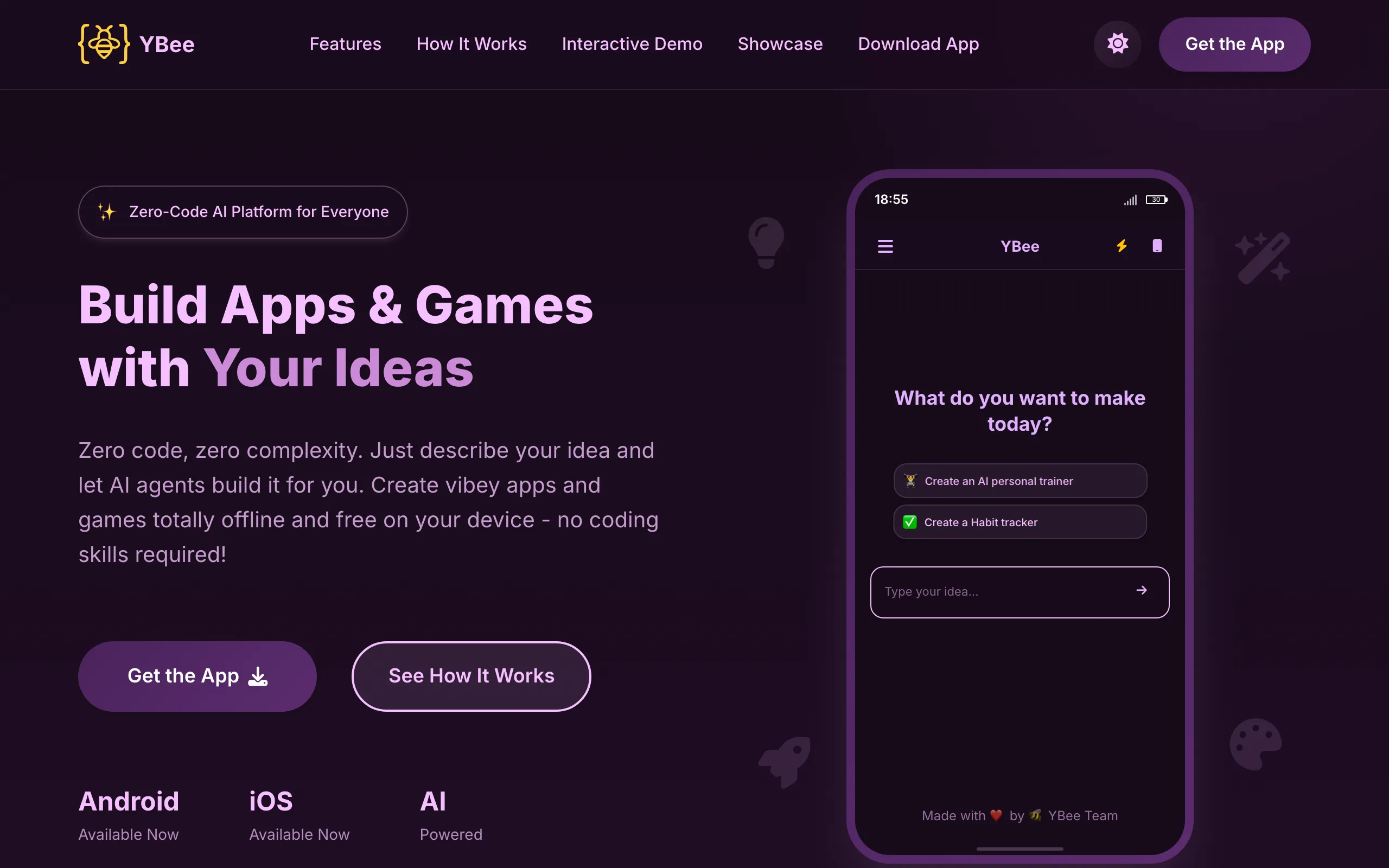 Screenshot of YBee 🐝 - Zero-Code AI App & Game Builder