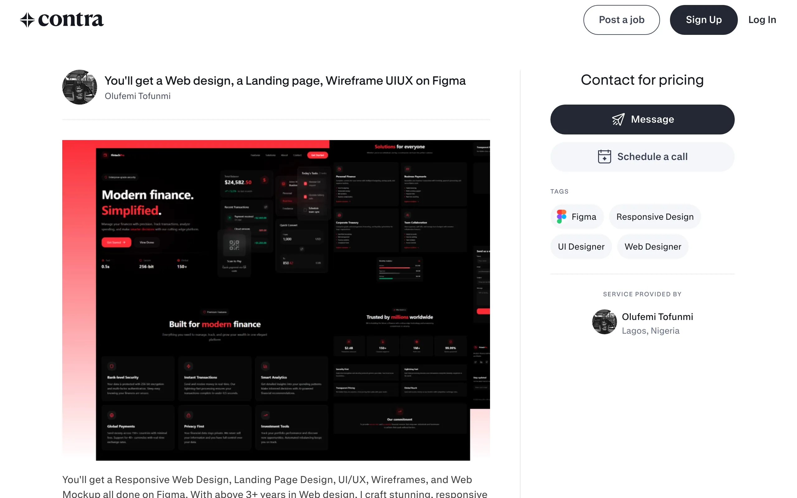 Screenshot of You'll get a Web design, a Landing page, Wireframe UIUX on Figma by Olufemi Tofunmi