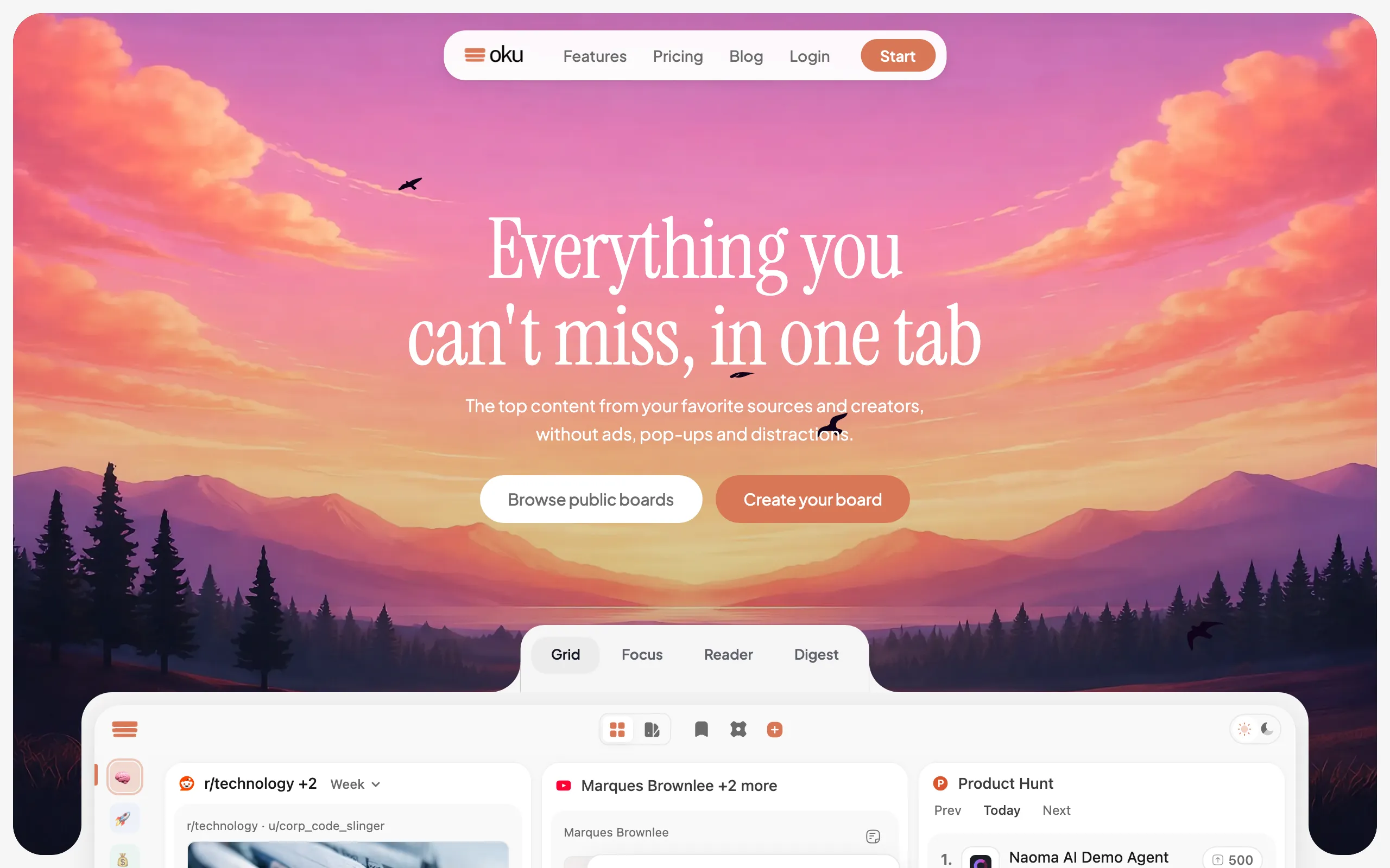 Screenshot of Your internet without the noise │ Oku