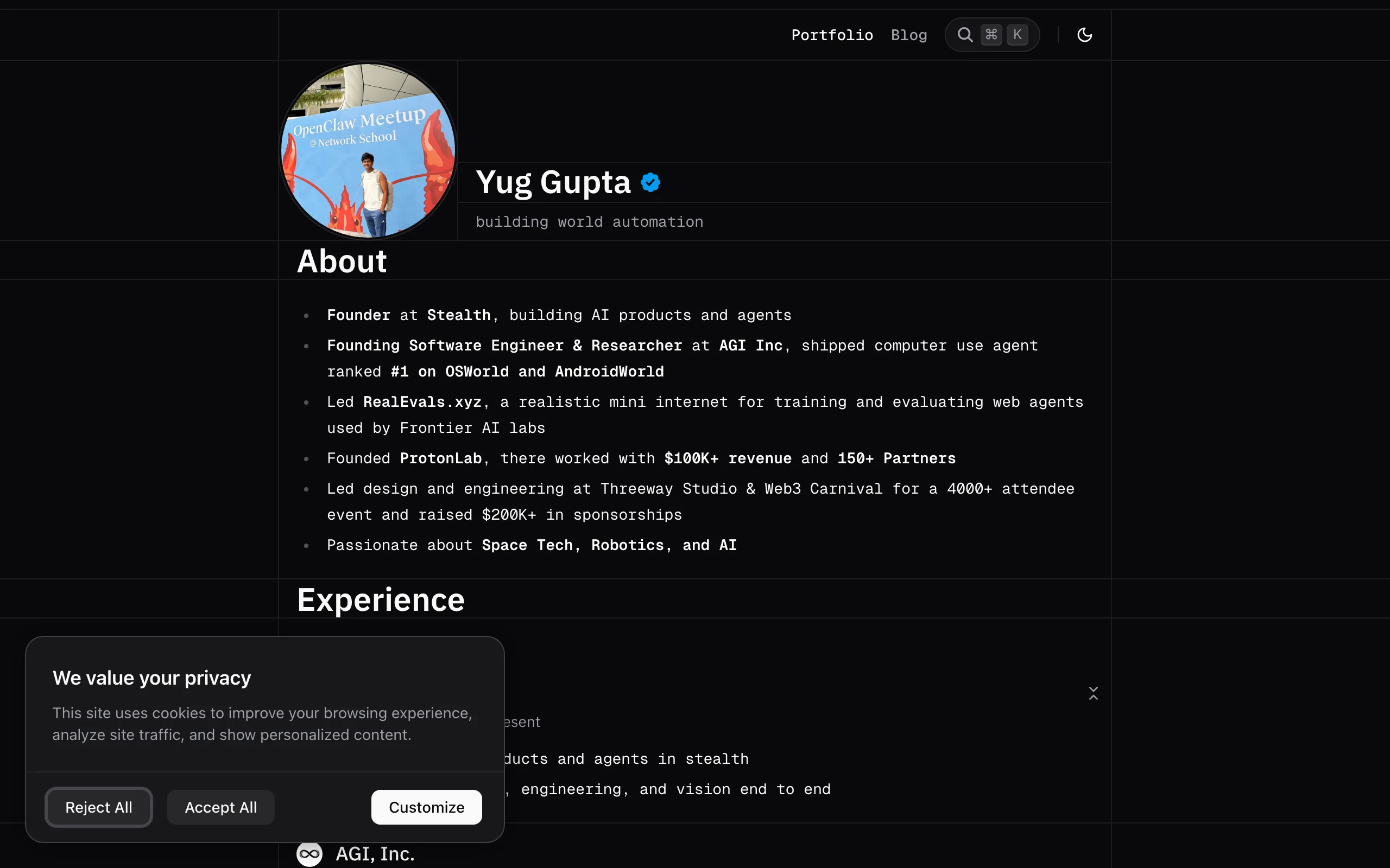 Screenshot of Yug Gupta – Founding Software Engineer &amp; Researcher @AGI_Inc