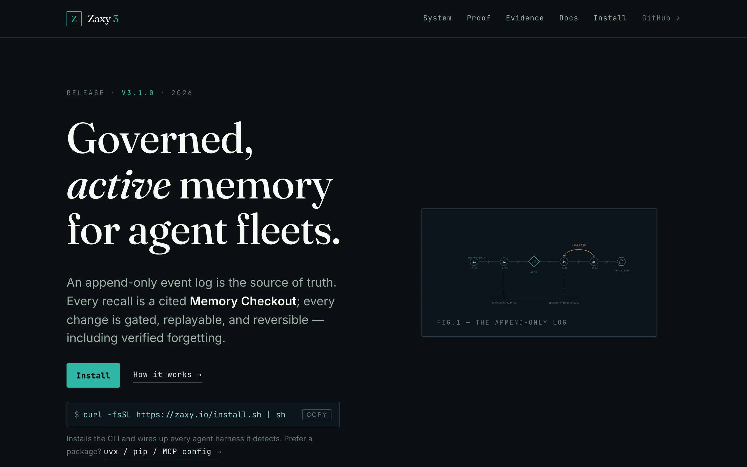 Screenshot of Zaxy 3 — Governed Active Memory for agent fleets