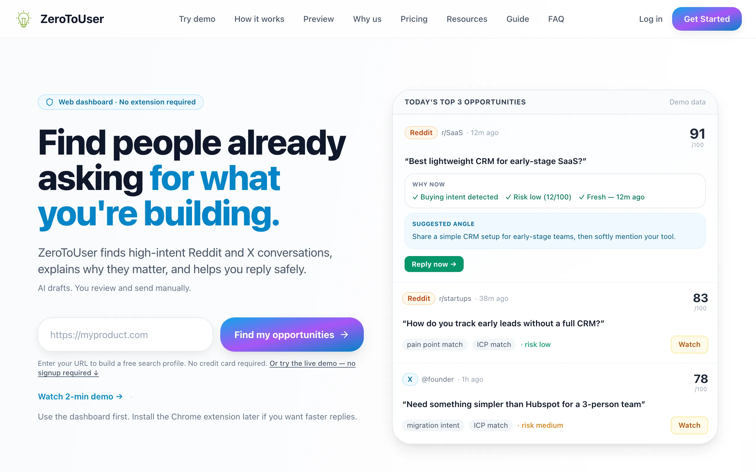 Screenshot of ZeroToUser — Find High-Intent Reddit and X Conversations